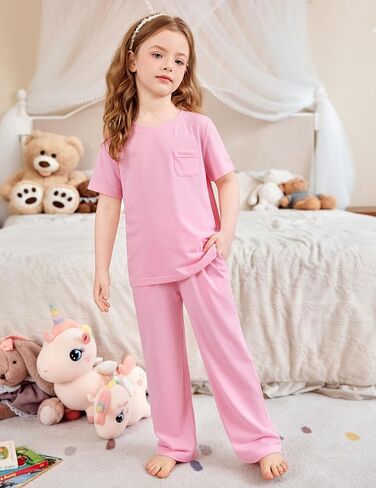 Arshiner Girls' Sleepwear Short Sleeve Long Pants Pajamas Sets Soft Loungwear for Kids in Saudi Arabia