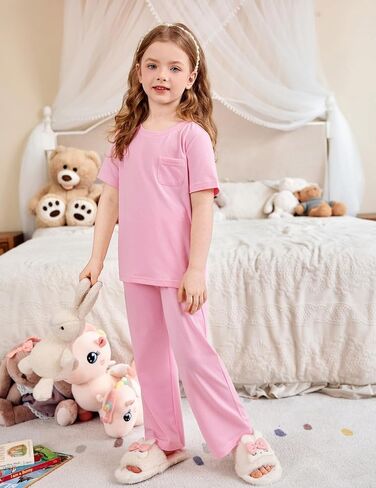 Arshiner Girls' Sleepwear Short Sleeve Long Pants Pajamas Sets Soft Loungwear for Kids in Saudi Arabia