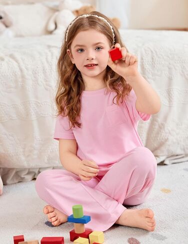 Arshiner Girls' Sleepwear Short Sleeve Long Pants Pajamas Sets Soft Loungwear for Kids in Saudi Arabia