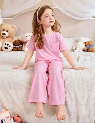 Arshiner Girls' Sleepwear Short Sleeve Long Pants Pajamas Sets Soft Loungwear for Kids in Saudi Arabia