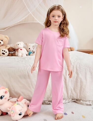 Arshiner Girls' Sleepwear Short Sleeve Long Pants Pajamas Sets Soft Loungwear for Kids in Saudi Arabia