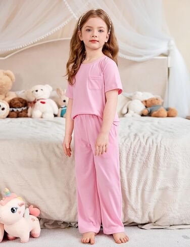 Arshiner Girls' Sleepwear Short Sleeve Long Pants Pajamas Sets Soft Loungwear for Kids in Saudi Arabia