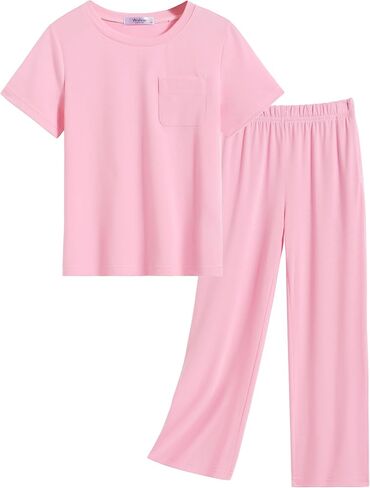 Arshiner Girls' Sleepwear Short Sleeve Long Pants Pajamas Sets Soft Loungwear for Kids in Saudi Arabia