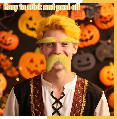 Yellow Mustache and Eyebrows for Adults, Novelty Yellow Fake Beard and Eyebrows, Cosplay Halloween Costume Accessories Funny Party Favor Men Women in Saudi Arabia