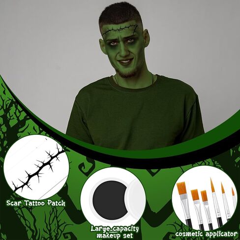 طقم مكياج الهالوين باللون الأخضر الداكن، مجموعة إكسسوارات طلاء الوجه مع ملصقات وشم الندبات، ملحقات تنكرية لأزياء الهالوين التنكرية، مستلزمات حفلات المسابقات in Kuwait