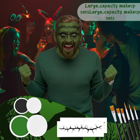 طقم مكياج الهالوين باللون الأخضر الداكن، مجموعة إكسسوارات طلاء الوجه مع ملصقات وشم الندبات، ملحقات تنكرية لأزياء الهالوين التنكرية، مستلزمات حفلات المسابقات in Kuwait