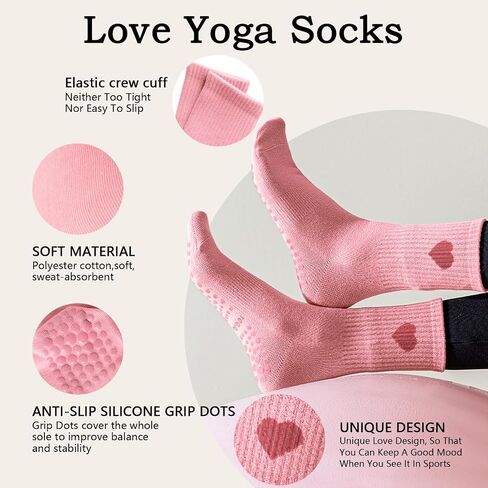 Pilates Socks for Women with Non Slip Grippers,Cute heart Non-Slip Yoga Crew cotton Socks for Barre Barefoot Workout in Saudi Arabia