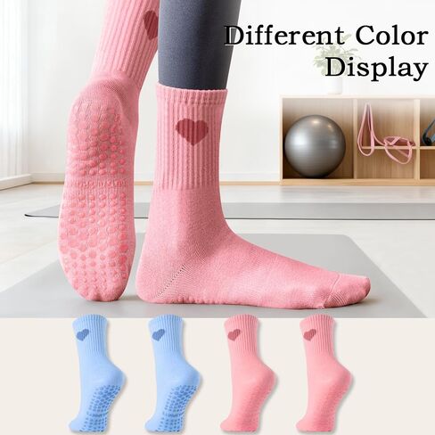 Pilates Socks for Women with Non Slip Grippers,Cute heart Non-Slip Yoga Crew cotton Socks for Barre Barefoot Workout in Saudi Arabia