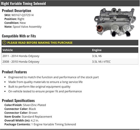 Right Passenger Side VVT Variable Valve Timing Solenoid - Compatible with 2008-2014 Honda Odyssey in Saudi Arabia
