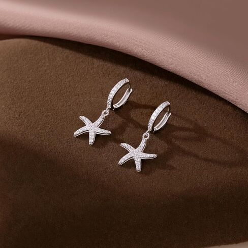 SLUYNZ 925 Sterling Silver CZ Starfish Hoop Earrings for Women Teens Starfish Huggie Earrings Drop for Beach in Saudi Arabia