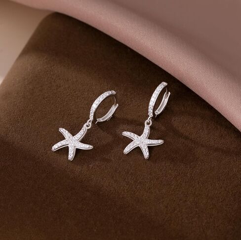 SLUYNZ 925 Sterling Silver CZ Starfish Hoop Earrings for Women Teens Starfish Huggie Earrings Drop for Beach in Saudi Arabia
