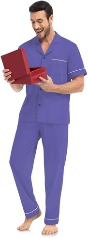 COLORFULLEAF Men's 100% Cotton Pajamas Sets Pants and Short Top 2 Pieces Sleepwear Soft Comfy Pajs for Men with pockets in Saudi Arabia