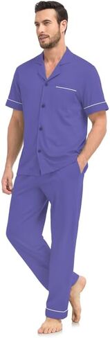 COLORFULLEAF Men's 100% Cotton Pajamas Sets Pants and Short Top 2 Pieces Sleepwear Soft Comfy Pajs for Men with pockets in Saudi Arabia