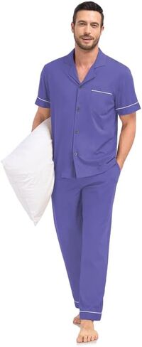 COLORFULLEAF Men's 100% Cotton Pajamas Sets Pants and Short Top 2 Pieces Sleepwear Soft Comfy Pajs for Men with pockets in Saudi Arabia