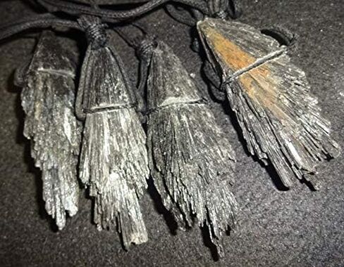 Raw Black Kyanite fan blade Rough Natural Crystal Healing Gemstone Wrapped Pendant with Soft Cord 22" Necklace in Saudi Arabia