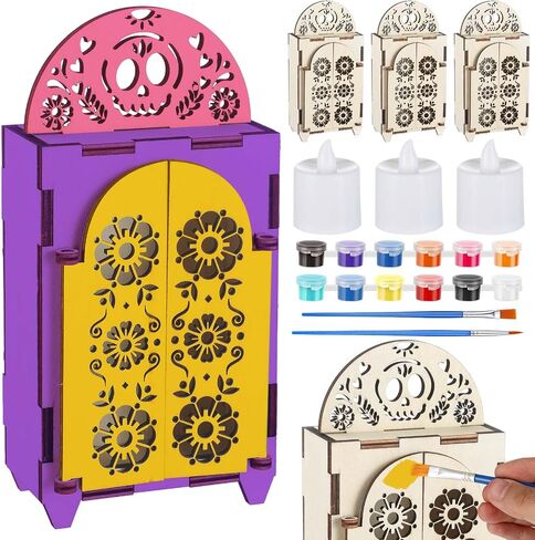 Chunful 3 Set Dia De Los Muertos Ofrenda Altar Decorations, Day of The Dead Wooden Shadow Box with Picture Frame, LED Candle Lights & Painting Kit for DIY Altar Ofrenda Remembrance Supplies in Saudi Arabia