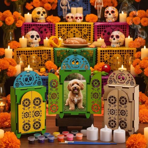 Chunful 3 Set Dia De Los Muertos Ofrenda Altar Decorations, Day of The Dead Wooden Shadow Box with Picture Frame, LED Candle Lights & Painting Kit for DIY Altar Ofrenda Remembrance Supplies in Saudi Arabia