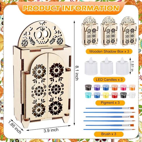 Chunful 3 Set Dia De Los Muertos Ofrenda Altar Decorations, Day of The Dead Wooden Shadow Box with Picture Frame, LED Candle Lights & Painting Kit for DIY Altar Ofrenda Remembrance Supplies in Saudi Arabia