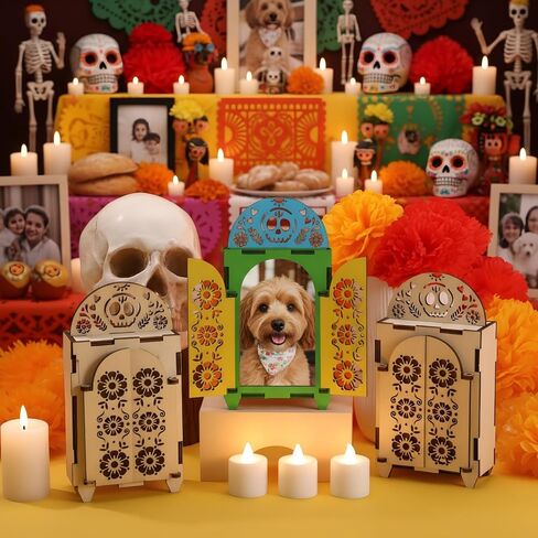 Chunful 3 Set Dia De Los Muertos Ofrenda Altar Decorations, Day of The Dead Wooden Shadow Box with Picture Frame, LED Candle Lights & Painting Kit for DIY Altar Ofrenda Remembrance Supplies in Saudi Arabia