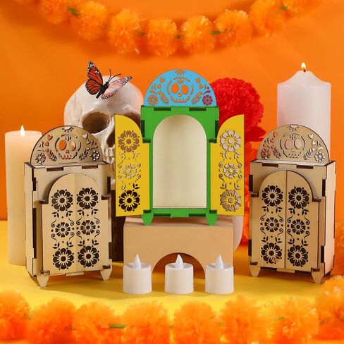 Chunful 3 Set Dia De Los Muertos Ofrenda Altar Decorations, Day of The Dead Wooden Shadow Box with Picture Frame, LED Candle Lights & Painting Kit for DIY Altar Ofrenda Remembrance Supplies in Saudi Arabia