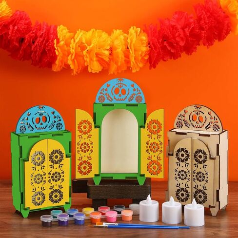 Chunful 3 Set Dia De Los Muertos Ofrenda Altar Decorations, Day of The Dead Wooden Shadow Box with Picture Frame, LED Candle Lights & Painting Kit for DIY Altar Ofrenda Remembrance Supplies in Saudi Arabia