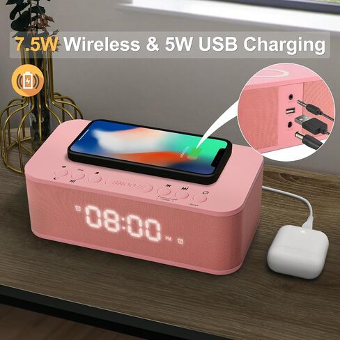 منبه زر غفوة كبير، منفذ شاحن USB لساعة رقمية، مكبر صوت بلوتوث منبه لغرفة النوم AUX USB مكبر صوت بلوتوث شحن لاسلكي 12/24 ساعة منبه مزدوج غفوة مؤقت نوم باهت، أصفر in Saudi Arabia