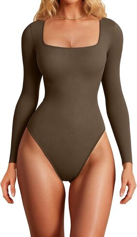 GXIN Bodysuits for Women Sexy Long Sleeve Square Neck Ribbed Fitted Body Suits for Womens in Saudi Arabia