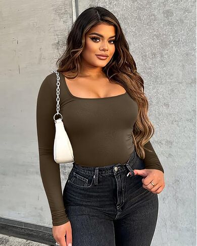 GXIN Bodysuits for Women Sexy Long Sleeve Square Neck Ribbed Fitted Body Suits for Womens in Saudi Arabia