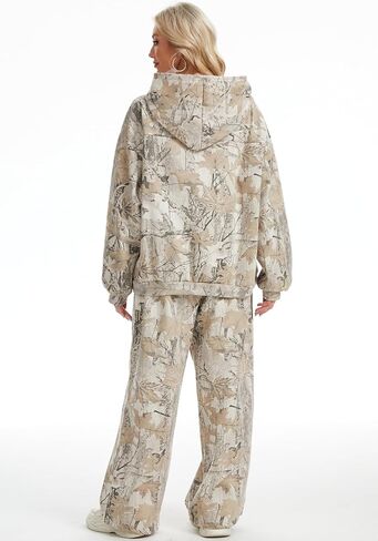 Womens 2 Piece Sweatsuits Fall Outfits Oversized Camo Hoodie Wide Leg Sweatpants Travel Lounge Matching Sweat Sets in Kuwait