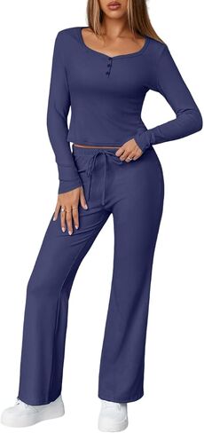 Herseas Women's 2 Piece Outfits Long Sleeve Button Down Tops Flared Pants Tracksuits Casual Lounge Set in Saudi Arabia