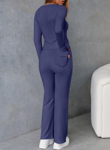 Herseas Women's 2 Piece Outfits Long Sleeve Button Down Tops Flared Pants Tracksuits Casual Lounge Set in Saudi Arabia