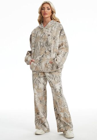 Womens 2 Piece Sweatsuits Fall Outfits Oversized Camo Hoodie Wide Leg Sweatpants Travel Lounge Matching Sweat Sets in Kuwait