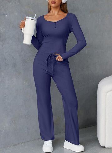Herseas Women's 2 Piece Outfits Long Sleeve Button Down Tops Flared Pants Tracksuits Casual Lounge Set in Saudi Arabia