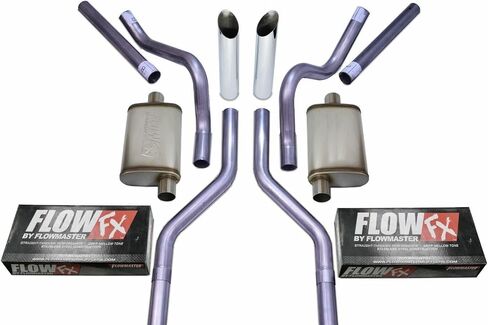 مجموعات عادم الشاحنة 2.5 بوصة طقم عادم مزدوج مع مخرج زاوية كاتم صوت Flowmaster Flow FX مع أطراف من الكروم يناسب C10، يناسب C15 63-72 بيك اب SUV in Saudi Arabia