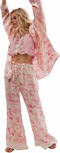 Women's 2-Piece Satin Pajama Set Floral Silk Sleepwear Set Soft Printed Oversized Pajama Lightweight Breathable Pjs in Kuwait