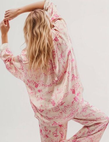 Women's 2-Piece Satin Pajama Set Floral Silk Sleepwear Set Soft Printed Oversized Pajama Lightweight Breathable Pjs in Kuwait