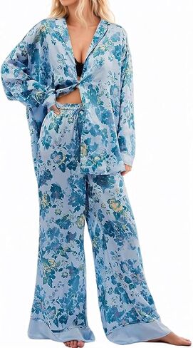 Women's 2-Piece Satin Pajama Set Floral Silk Sleepwear Set Soft Printed Oversized Pajama Lightweight Breathable Pjs in Kuwait