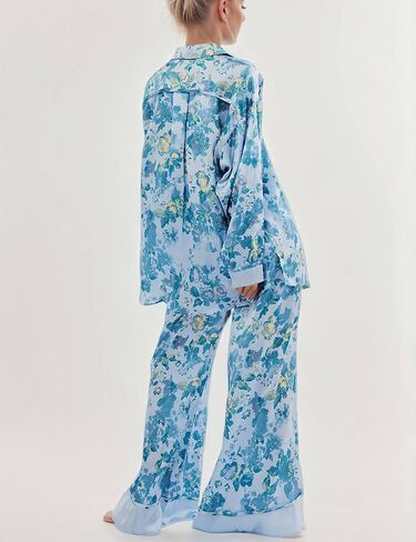 Women's 2-Piece Satin Pajama Set Floral Silk Sleepwear Set Soft Printed Oversized Pajama Lightweight Breathable Pjs in Kuwait