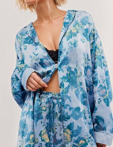 Women's 2-Piece Satin Pajama Set Floral Silk Sleepwear Set Soft Printed Oversized Pajama Lightweight Breathable Pjs in Kuwait