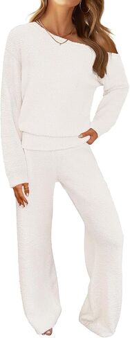 MEROKEETY Women's Fall Pajama Set Fuzzy Fleece 2 Piece Loungewear Off Shoulder Sweater Tops Wide Leg Pants Matching Outfits in Saudi Arabia