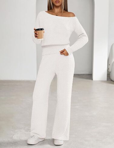 MEROKEETY Women's Fall Pajama Set Fuzzy Fleece 2 Piece Loungewear Off Shoulder Sweater Tops Wide Leg Pants Matching Outfits in Saudi Arabia