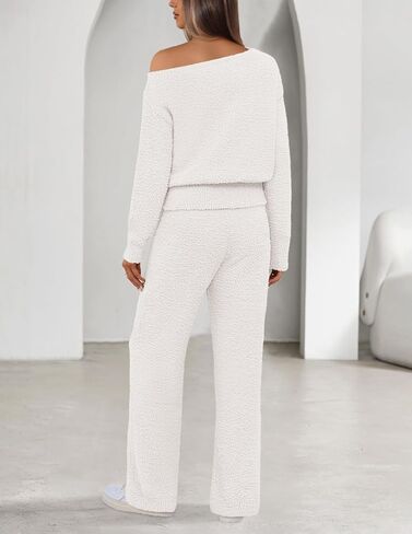 MEROKEETY Women's Fall Pajama Set Fuzzy Fleece 2 Piece Loungewear Off Shoulder Sweater Tops Wide Leg Pants Matching Outfits in Saudi Arabia