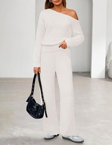 MEROKEETY Women's Fall Pajama Set Fuzzy Fleece 2 Piece Loungewear Off Shoulder Sweater Tops Wide Leg Pants Matching Outfits in Saudi Arabia
