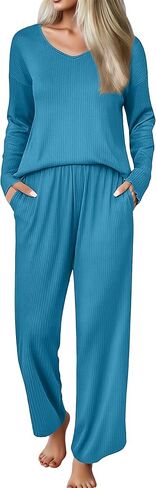 Ekouaer Womens Pajama Set Ribbed Knit PJs 2 Piece Lounge Set Long Sleeve Top and Pants Comfy Sleepwear with Pockets in Saudi Arabia