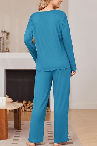Ekouaer Womens Pajama Set Ribbed Knit PJs 2 Piece Lounge Set Long Sleeve Top and Pants Comfy Sleepwear with Pockets in Saudi Arabia