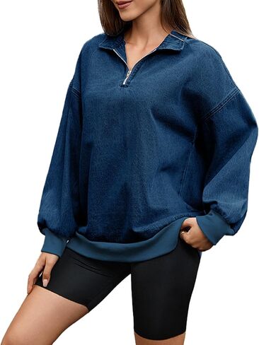 بلوزات نسائية نصف سحاب من الدينيم، قميص طويل الأكمام، بلوفر جان، هوديس in Kuwait