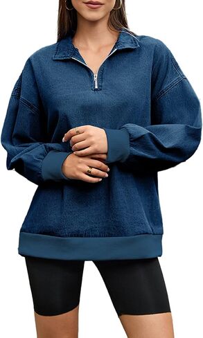 بلوزات نسائية نصف سحاب من الدينيم، قميص طويل الأكمام، بلوفر جان، هوديس in Kuwait