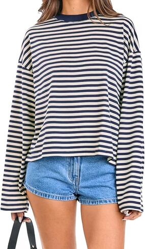 المرأة مخطط كم طويل قميص Crewneck اقتصاص البلوز الأعلى خريف شتاء خمر البلوز الشارع الشهير in Saudi Arabia