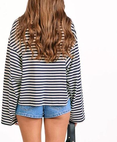 المرأة مخطط كم طويل قميص Crewneck اقتصاص البلوز الأعلى خريف شتاء خمر البلوز الشارع الشهير in Saudi Arabia