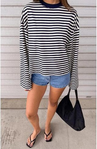 المرأة مخطط كم طويل قميص Crewneck اقتصاص البلوز الأعلى خريف شتاء خمر البلوز الشارع الشهير in Saudi Arabia